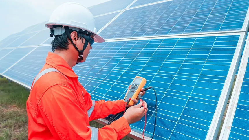 Person checking solar panel performance on a tablet